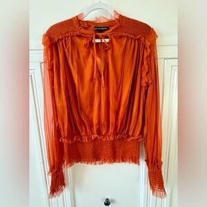 🟠 BEAUTIFUL BOSTON PROPER RUFFLED MESH SMOCKED BLOUSE - SIZE MED - BRAND NEW 🟠